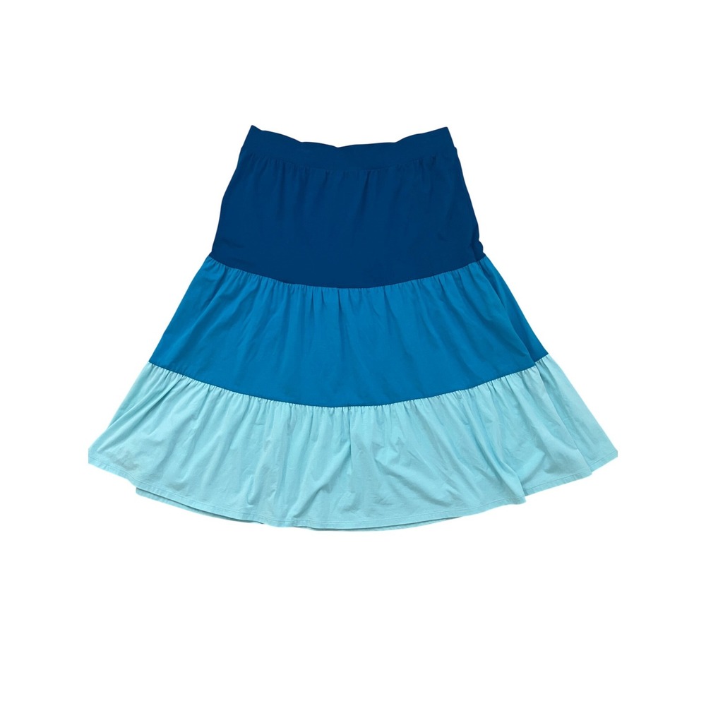 Lands End Womens Blue Tiered Colorblock Midi Skirt Medium 10-12 Cotton Modal